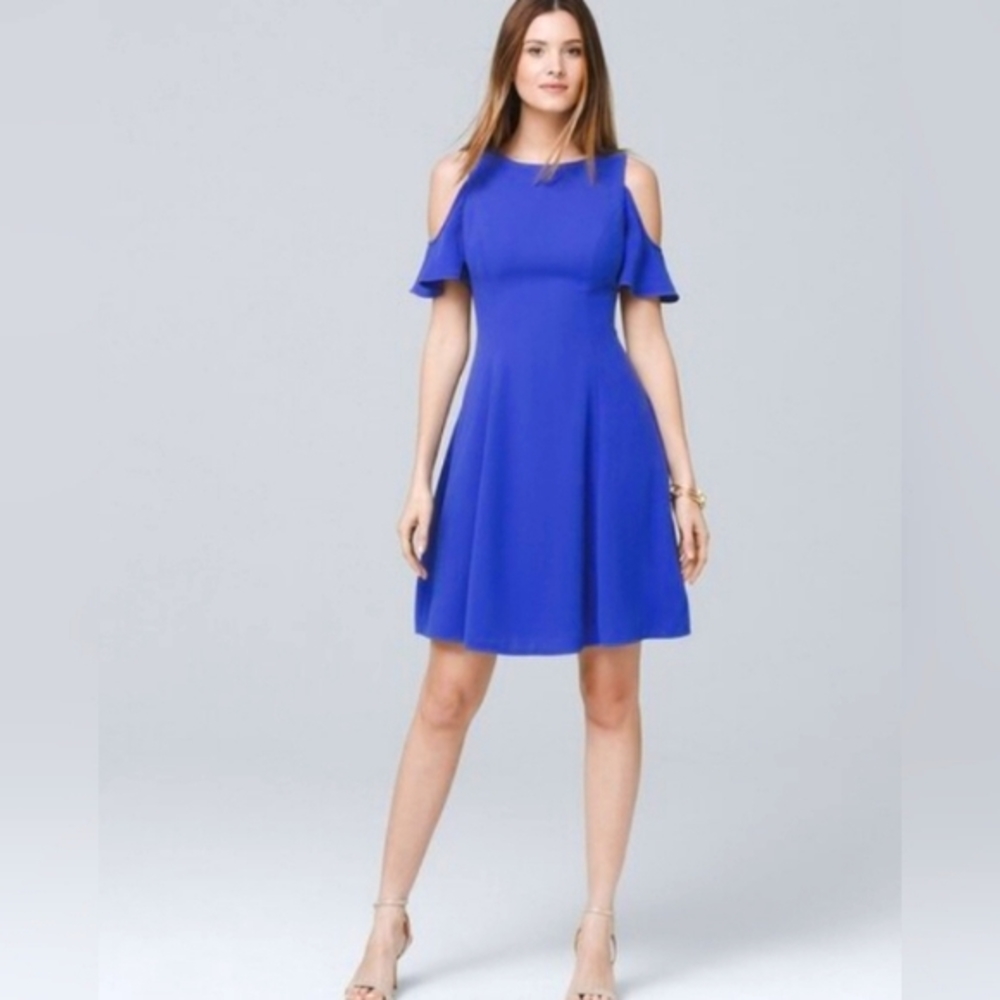 NWT-White House Black Market, Turquoise Blue Fit and Flare, Cold-Shoulder Dress